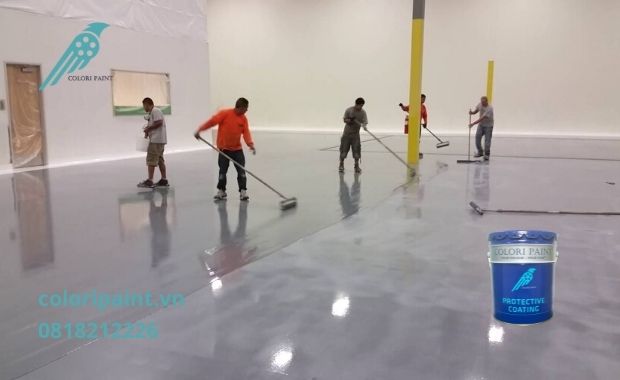 Thi công lớp sơn phủ màu epoxy sàn tầng hầm thứ hai